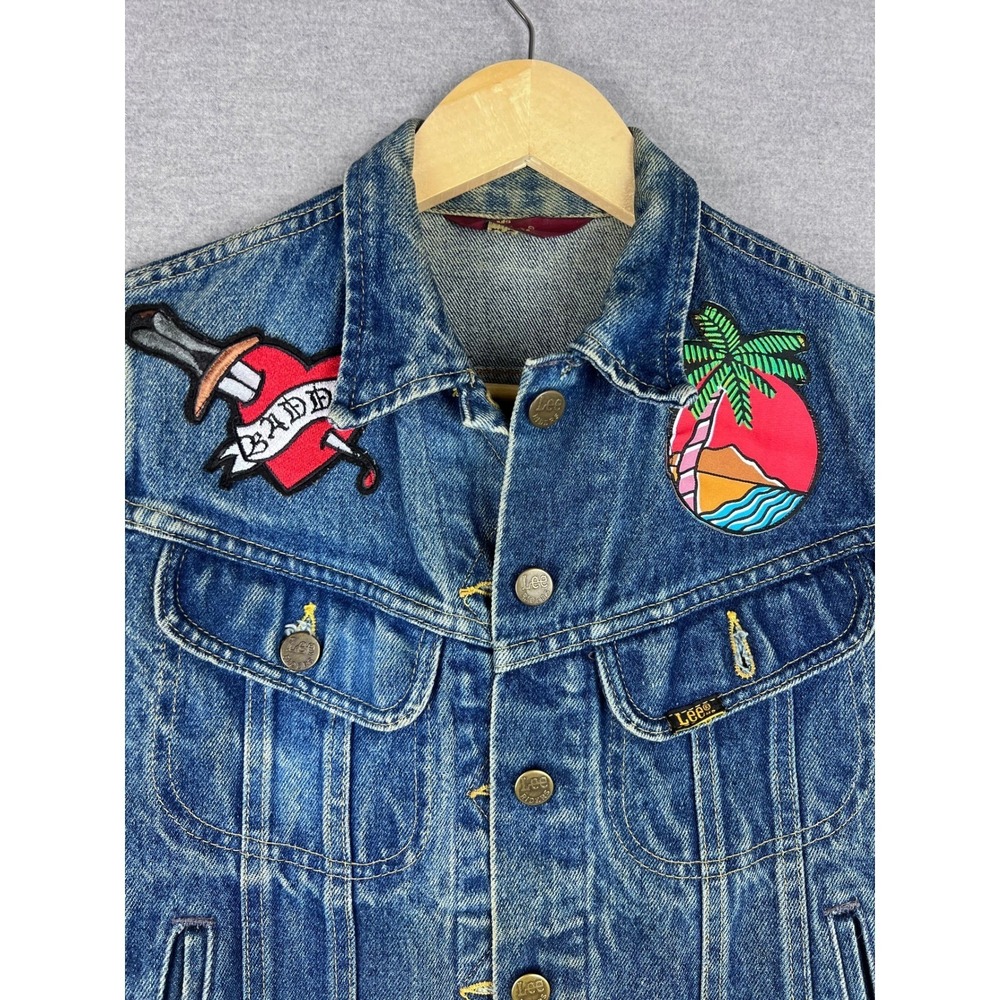 Vintage MS Lee Denim Vest Made in USA Custom Patches Grim Reaper Blue Mens Small